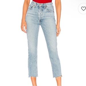 Re/Done Women's High-Rise Tapered Leg Cropped Jeans Denim Sanded Blue Size 26